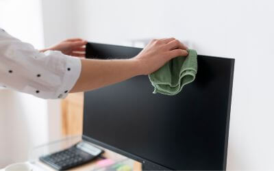 PC Bildschrim wird mit einem grünen Tuch abgewischt